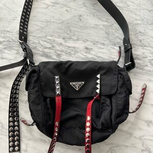 Prada New Vela Studded Black and Red Messenger Bag